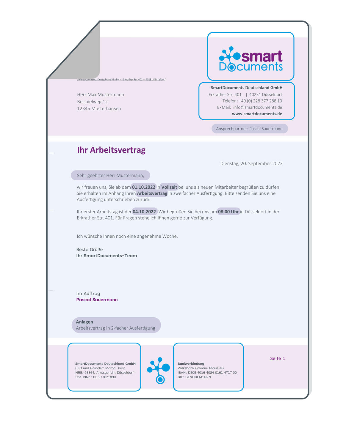 Darstellung eines SmartDocuments-Dokuments, welches die unterschiedlichen Bereiche "Variable Daten", "Corporate Design", "Inhalt" und "Bausteine" farblich markiert hat.